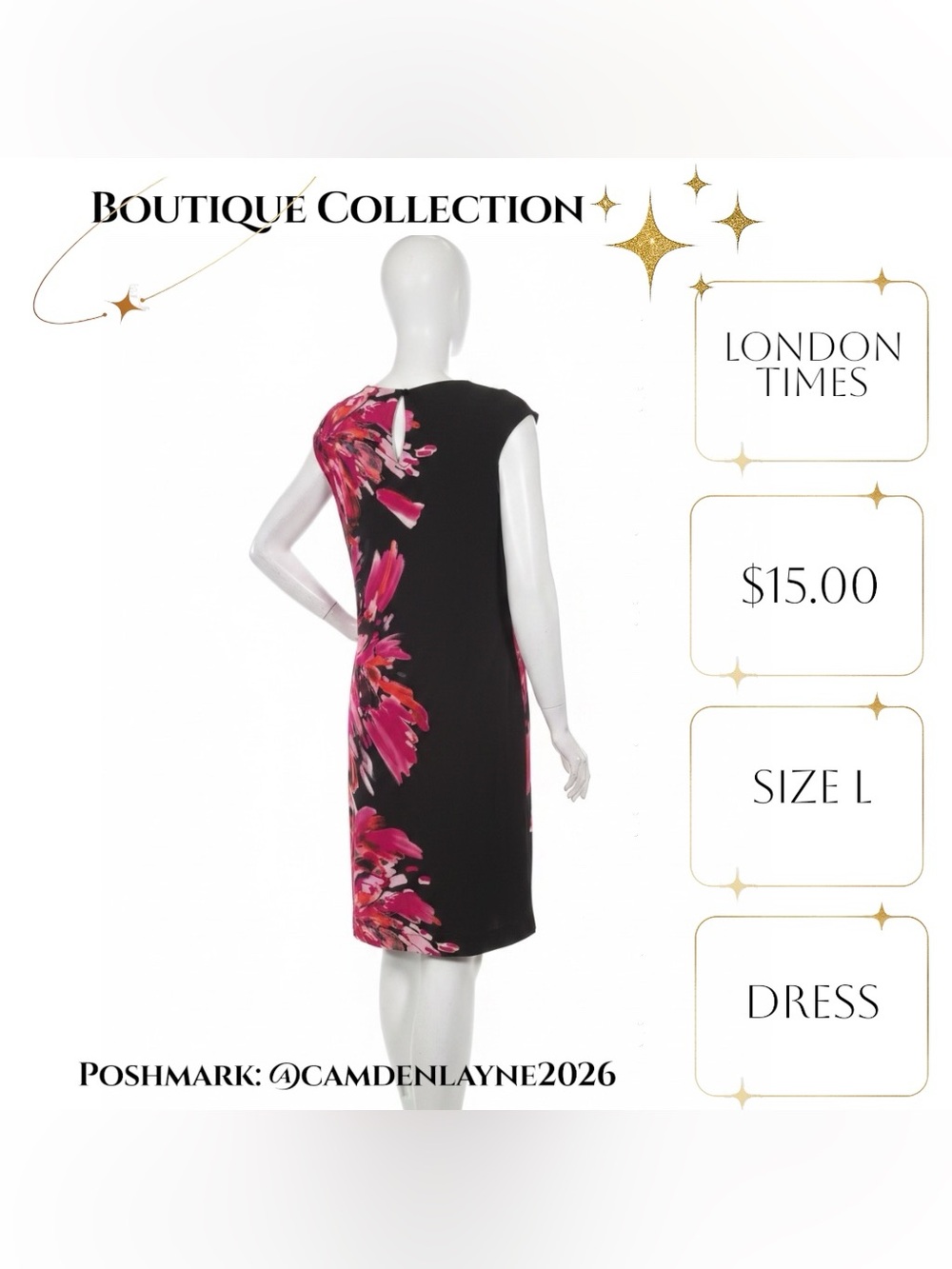 London Times Black Midi Dress with Pink Floral Cascade - Picture 7 of 9